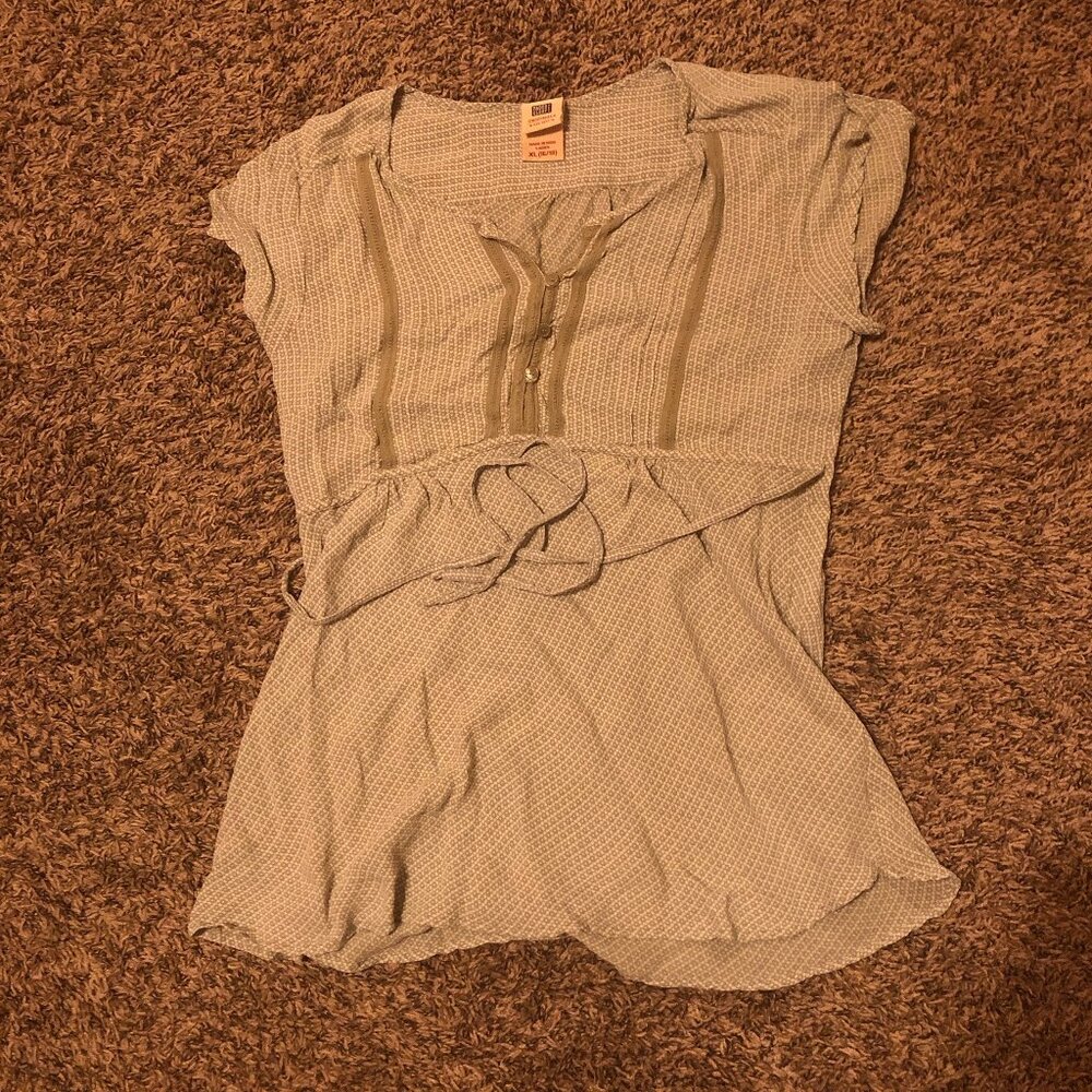 Beige Button-Down Blouse with Drawstring Waist